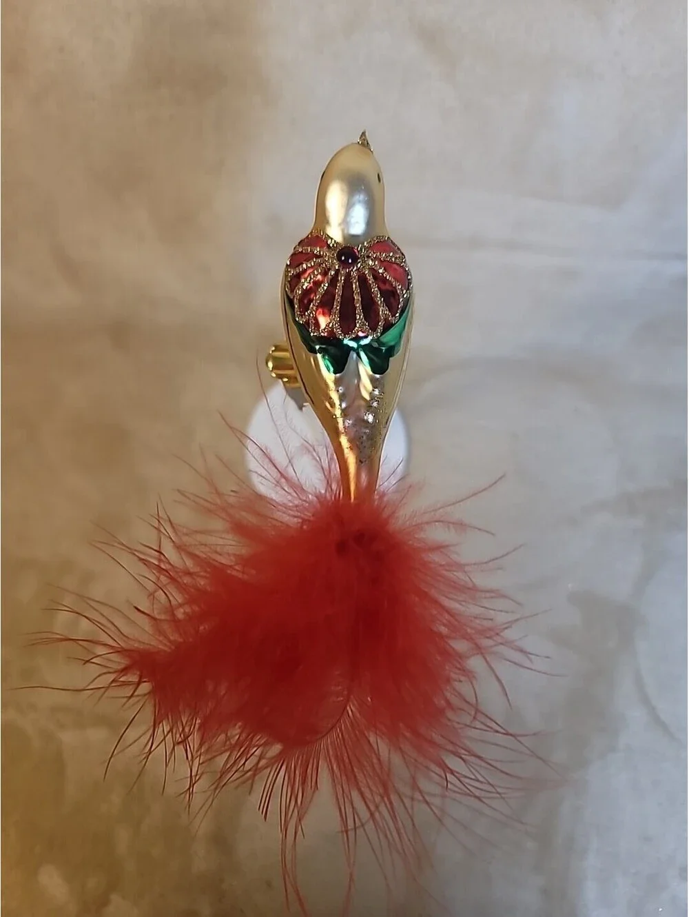 Vintage Equsite Polish Hand Blown Mercury Glass Clip On Bird Christmas Ornament